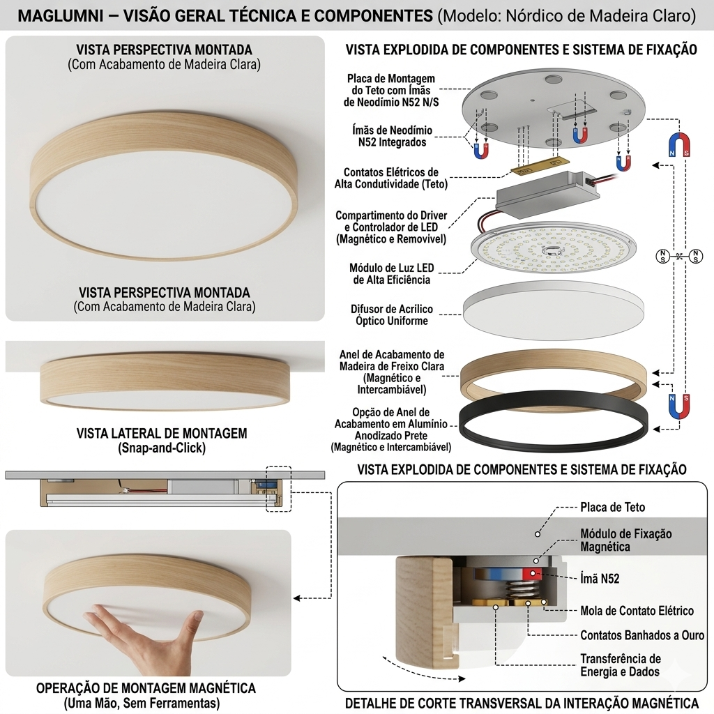 Vista técnica da luminária nórdica magnética