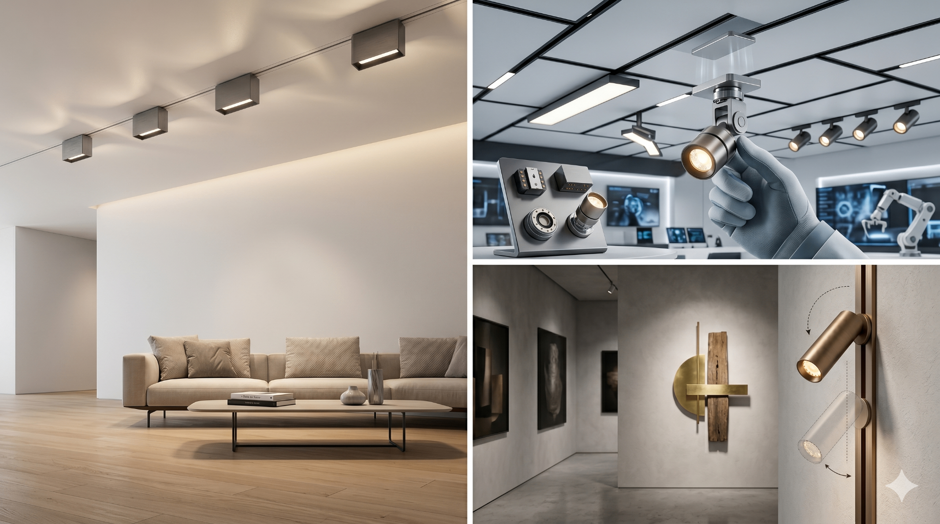 Conjunto de conceitos de luminárias magnéticas mostrando modelos de teto, módulos intercambiáveis e luminária de parede moderna.